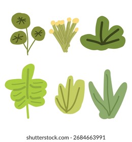 Various green leaf and grass isolated on white background. Green grass tufts cartoon vector illustration icon on an isolated white background for design elements 