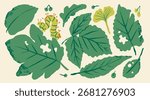 Various green leaves chewed by insects. Damaged leaves with holes due to being eaten by caterpillar. Insect on a leaf. Hand drawn modern Vector illustration. Isolated design elements 