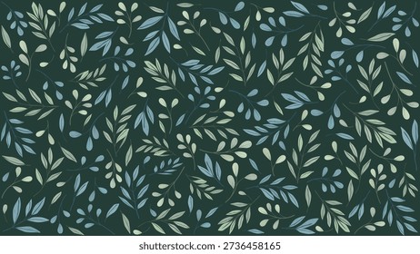 Various green leaves pattern hand drawn style on green background graphic illustration.