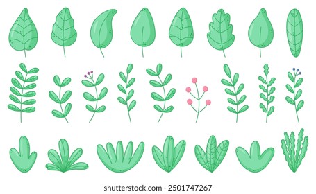 Various green leaves and plants set. Ideal for nature themed designs. Botanical cartoon illustration on white background