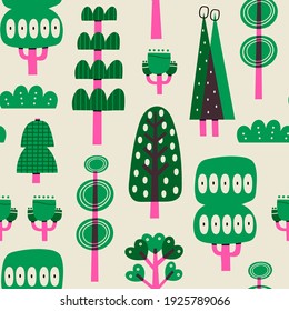 Various green and purple Trees. Abstract different shapes. Hand drawn Vector seamless Pattern. Colorful square repeating Background, wallpaper