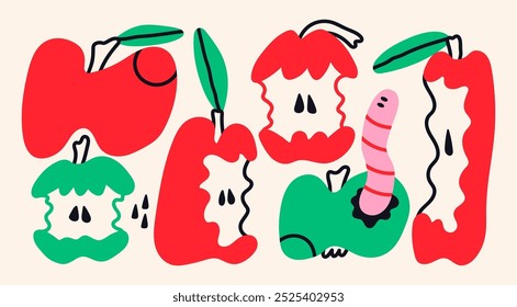 Várias maçãs verdes e vermelhas. Comeu, mordeu, minhocas maçãs. Ilustração de vetor desenhada à mão. Elementos de design isolados. Frutas saborosas, conceito de comida saudável. Moderno, infantil, desenho animado, estilo plano único