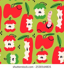 Various green and red apples. Eaten, bitten, wormy apples. Hand drawn Vector illustration. Tasty fruits, healthy food concept. Modern, childish, cartoon, unique flat style. Square seamless Pattern