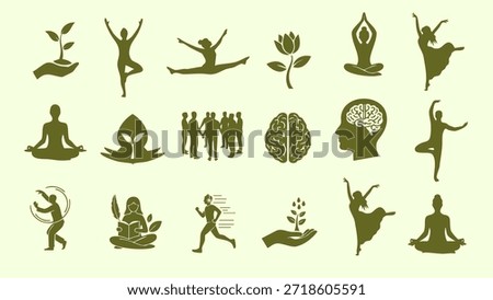 various green silhouettes representing yoga meditation nature and mental health wellness icons