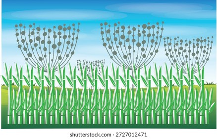 Varios tallos verdes en línea recta Horizontal decoran con semicírculo gris punteado sobre fondo azul