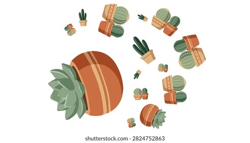 various green succulent and round cactus plants in orange terracotta pots arranged in a spiral formation on a plain white background