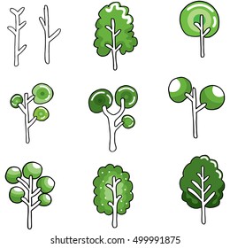 Various green tree in doodles vector art