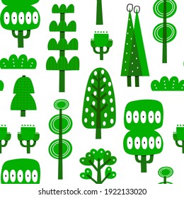Various green Trees. Abstract different shapes. Trendy illustration. Cartoon style. Hand drawn Vector seamless Pattern. Square repeating Background, wallpaper