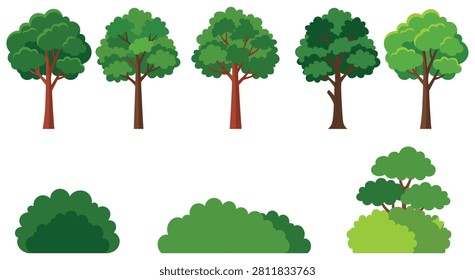 Various green trees and bushes collection. diverse foliage for nature and park illustrations or landscape design projects.