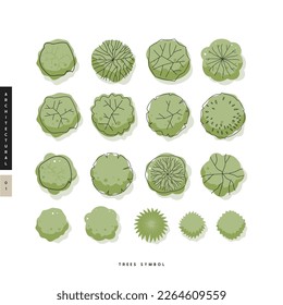 Various green trees, bushes and shrubs, top view for landscape design plan. Vector illustration, isolated on white background.