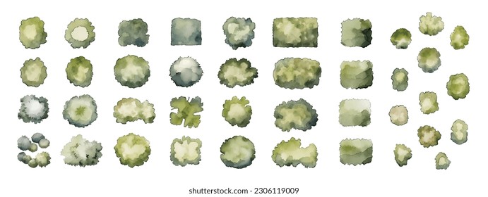 Diversos árboles verdes, arbustos y arbustos, vista superior para el diseño del paisaje. Ilustración de acuarela vectorial, aislada en fondo blanco.