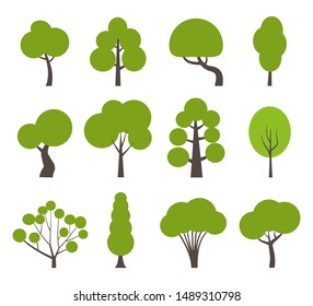 Various green trees in simple graphic style. Pine, spruce, oak, birch, trunk, aspen, alder, poplar, chestnut, palm apple tree Vector illustration