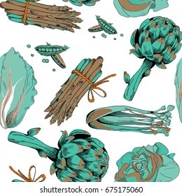 Various green vegetables with blue and brown shadows seamless pattern. Vector illustration on white background