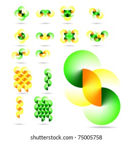 Various green and yellow abstract icons isolated on a white background