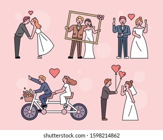 Various groom and bride characters taking wedding photos. flat design style minimal vector illustration.