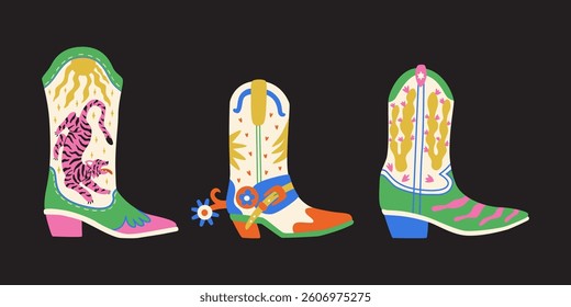 Various groovy cowboy boots. Stylish wild west shoe with tiger and cactus. Cartoon vector set isolated on black background. 