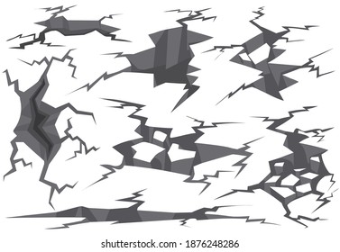 Various ground cracks and holes flat set for web design. Cartoon ground or walls crack effect after earthquake isolated vector illustration collection. Disaster and destruction ruins concept