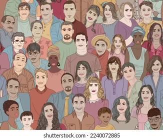 Various group people diversity men women children teenagers elderly.Various people of different ages. Diverse cultures. Racial equality concept. Multicultural society. Allyship. Seamless