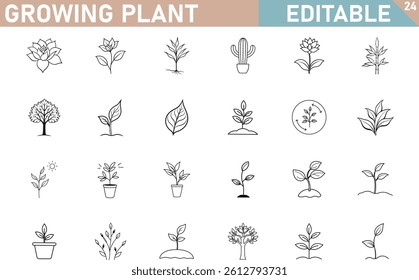 Various Growing Plant And Tree Line Art Icon Set Isolated On White Background