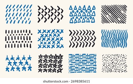 Various grunge marker patterns in blue and black are displayed on a neutral background. The designs include shapes lines and textures that create visual interest and depth.