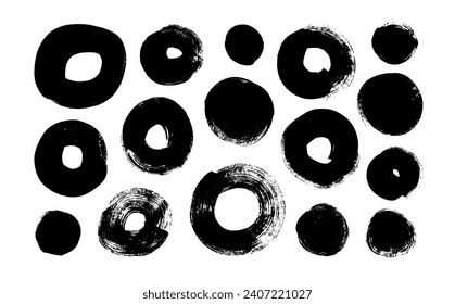 Various grunge style bold circles and dots collection. Brush drawn vector geometric shapes. Creative collage simple elements in naive or kid's style. Abstract geometric round shapes with dry texture.