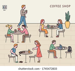 Various guests in the cafe are sitting at the table. flat design style minimal vector illustration.