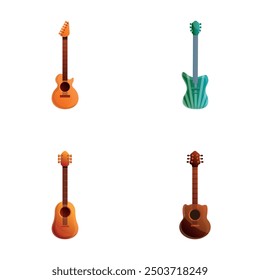 Various guitar icons set cartoon vector. Classical and electric guitar. String musical instrument