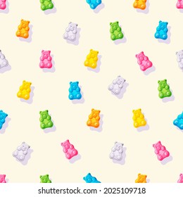 Various Gummy and Jelly Bears. Colorful Fruity and tasty Sweets and candies seamless Pattern. Cartoon style. Seamless Pattern, Background, Wallpaper. Vector illustration for printing