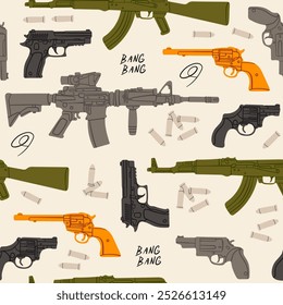 Various Guns set. Pistol, assault rifle, revolver, bullets, automatic weapon silhouettes. Cartoon style. Protection, army, arsenal, ammo concept. Hand drawn Vector illustration. Seamless Pattern
