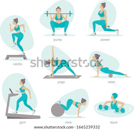Various gym activities set. Exercises in gym, cardio, treadmill, body lifting, aqua aerobics. Healthy lifestyle flat vector illustration 