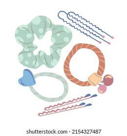 Verschiedene Haarpflegeartikel, Haarbänder, Haarbobby-Stifte. Vektorgrafik für Postkarten, Aufkleber, Poster. Cartoon-Stil
