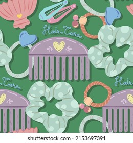 Various hair care items, comb, hair clips and hair ties. Vector seamless Pattern. Dark background, wallpaper, cartoon style