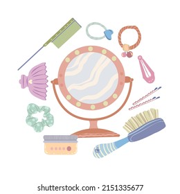 Various hair care items, combs, mirror, hair bands, hair clips, hair bobby pins. Vector illustration for postcards, stickers, posters. Colorful trendy illustration. Cartoon style