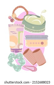 Various hair care items, Curlers, hair ties, hair gel and wax. Vector illustration for postcards, stickers, posters. Cartoon style