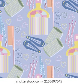 Various hair care items, hair curlers, hairpins, combs. Vector seamless Pattern. Light blue background, wallpaper, cartoon style