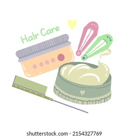 Various hair care items, Hair gel and cream, combs, hair clips. Vector illustration for postcards, stickers, posters. Cartoon style