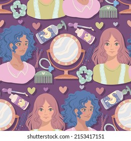 Various hair care items, girls in front of a mirror, balm, comb, elastic and hairpins, hair oil. Vector seamless Pattern. Dark background, wallpaper, cartoon style