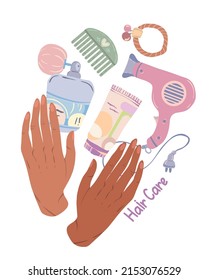 Various hair care items, hands holding hair dryer, hair perfume, comb, balm, scrunchy. Vector illustration for postcards, stickers, posters. Cartoon style