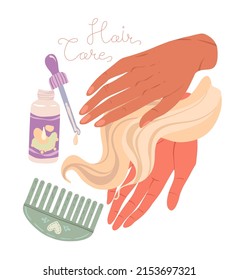 Various hair care items, hands holding hair strand, comb, hair oil. Vector illustration for postcards, stickers, posters. Cartoon style