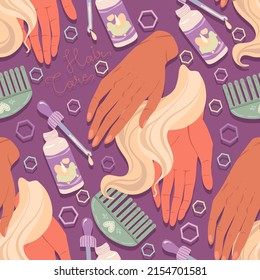 Various hair care items, hands holding hair strand, comb, hair oil. Vector seamless Pattern. Dark background, wallpaper, cartoon style