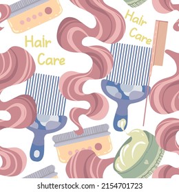 Various Hair Care Items, Hair Strand, Hair Styling Products, Comb. Vector Seamless Pattern. Light  Background, Wallpaper, Cartoon Style