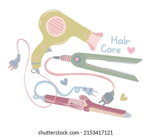 Various hair care items, styling iron, hair dryer, curling iron. Vector illustration for postcards, stickers, posters. Cartoon style