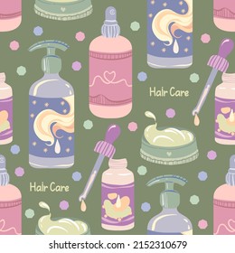 Various hair care products, hair balm, oil, spray and hair wax. Vector seamless Pattern. Green background, wallpaper, cartoon style