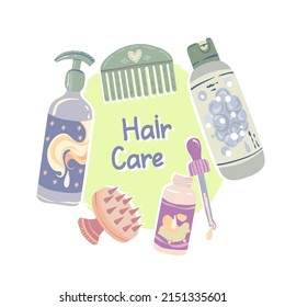 Various Hair Care Products, Shampoo, Balm, Hair Oil, Head Wash Brush, Comb. Vector Illustration For Postcards, Stickers, Posters. Colorful Trendy Illustration. Cartoon Style