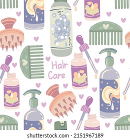 Various hair care products, shampoo, balm, hair oil, head wash brush, comb. Vector seamless Pattern. Light background, wallpaper, cartoon style. Colorful trendy illustration