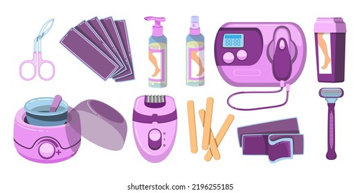 Various hair removal equipment cartoon illustration set. Shaving stick, tweezer, wax strips, epilator, shaving cream. Cosmetology, depilation, hygiene, beauty concept