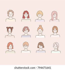 various hair style girls bust character hand drawn style vector doodle design illustrations.