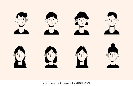 Various haircuts. Young people. Black and white human avatars. Hand drawn set of vector Icons. Cartoon style, flat design. All elements are isolated. Men and women.