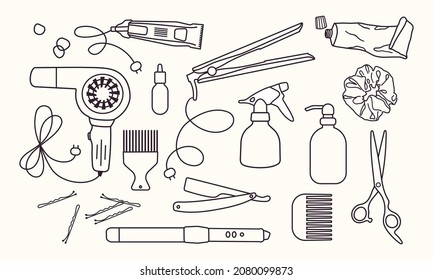 Various hairdresser tools. Vector hand drawn illustration. All elements are isolated.