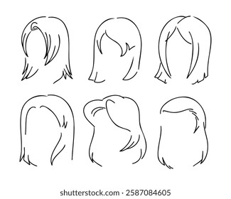 Various hairstyles are depicted in faceless illustrations with varying hairstyles in simple styles